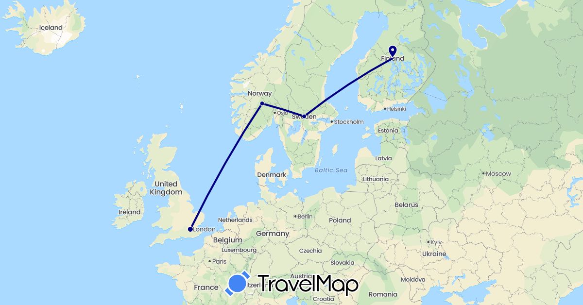 TravelMap itinerary: driving in Finland, United Kingdom, Norway, Sweden (Europe)